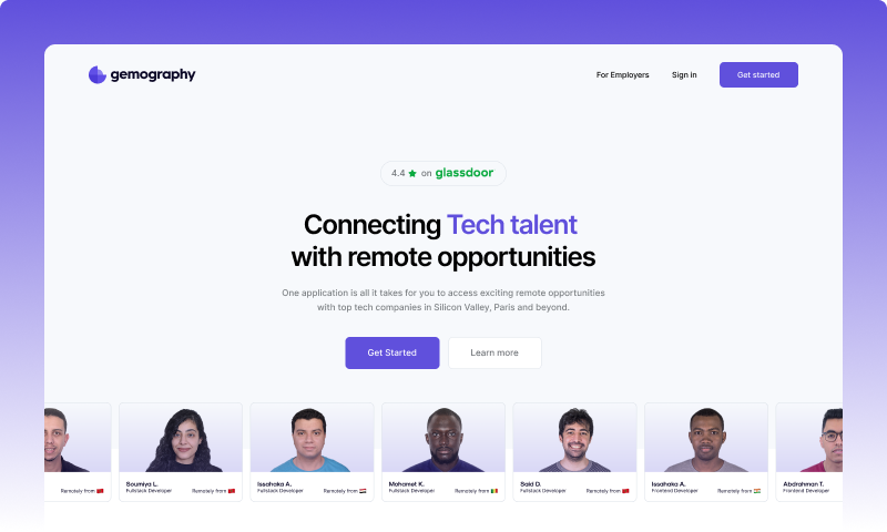 Gemography website — landing page connecting tech talent with remote opportunities, with a row of featured engineer profiles