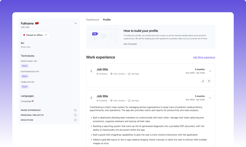Profile Building — profile view with work experience entries alongside a techstacks and languages sidebar