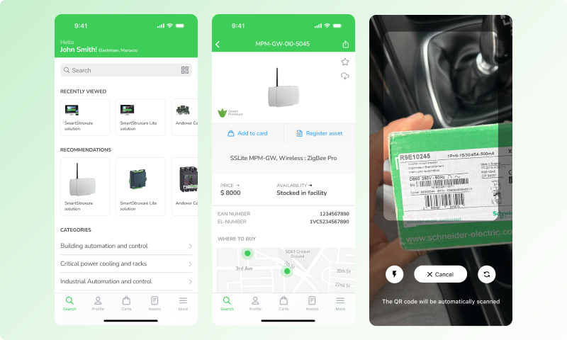 Schneider Electric — mobile product search, product details, and QR code scanning flows