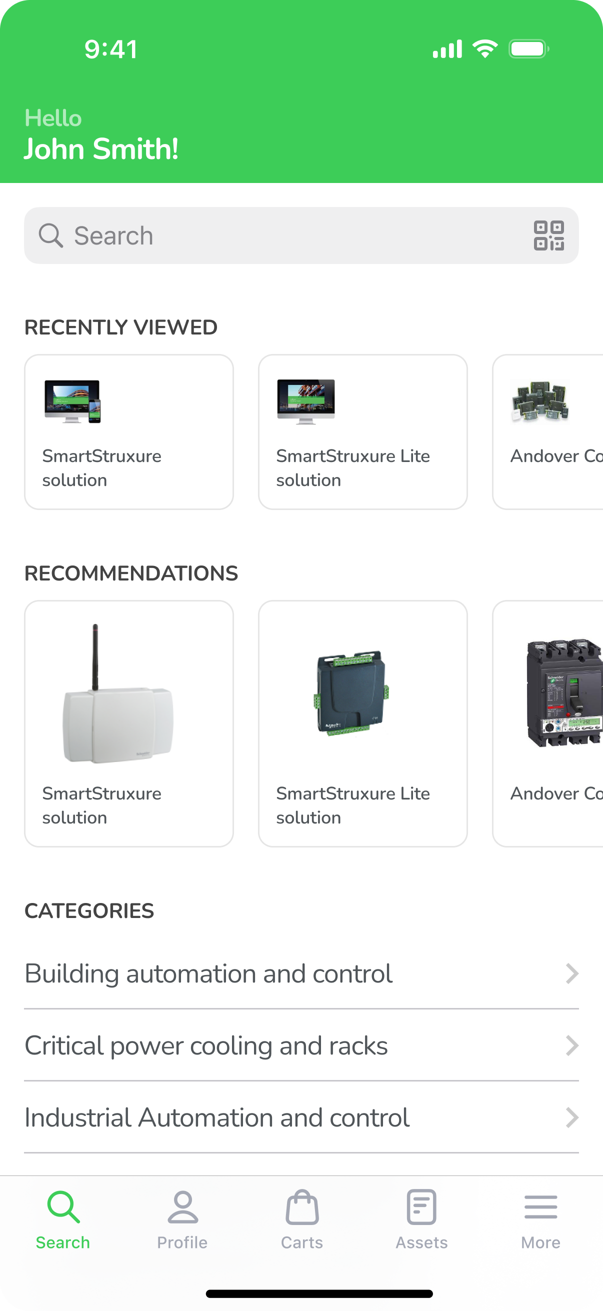 mySchneider mobile home with search, recently viewed products, recommendations, and categories