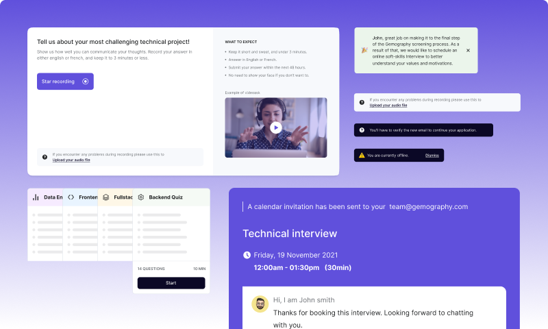 Talent Platform — interface components: video question recording, status notifications, quiz tabs, and technical interview booking