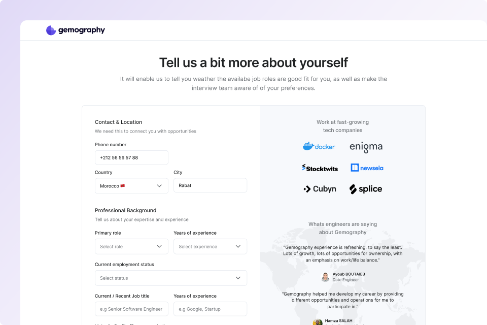 Talent Platform — sign-up step collecting contact, location, and professional background, alongside hiring partner logos and engineer testimonials
