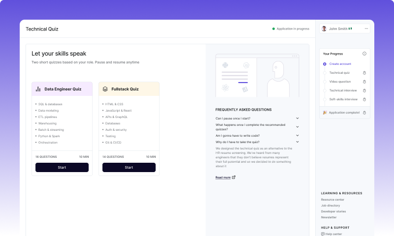Talent Platform — technical quiz selection step, with data engineer and fullstack tracks alongside an application progress sidebar